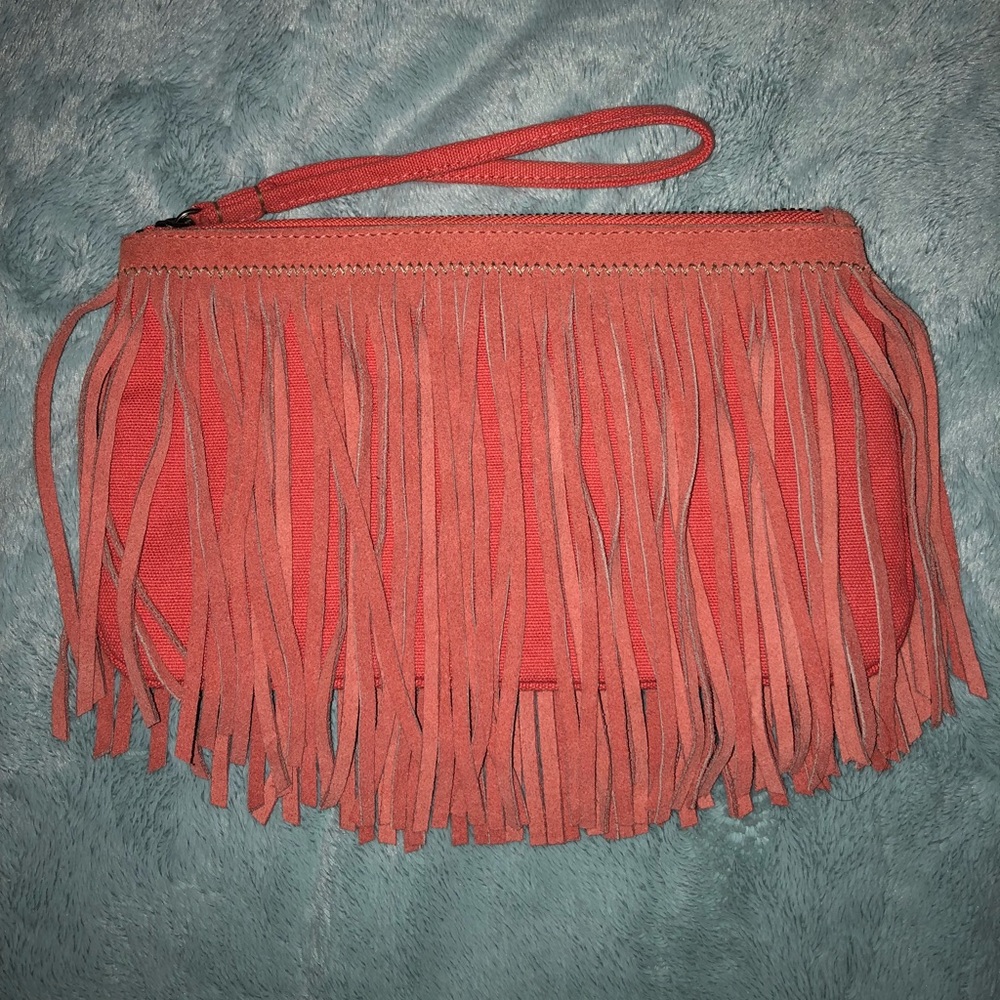 Coral Suede Fringe Wristlet